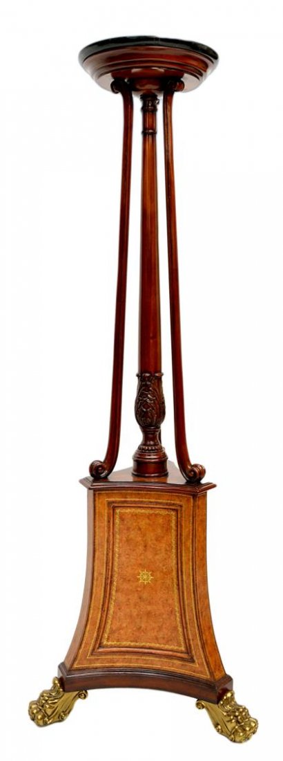 LARGE MAITLAND-SMITH MAHOGANY PEDESTAL: Monumental Maitland-Smith carved mahogany pedestal rising on an embossed leather base with three heavy gilt metal paw feet, 70.75"h, 24.75"w, 24.75"d Start Price: $300.00