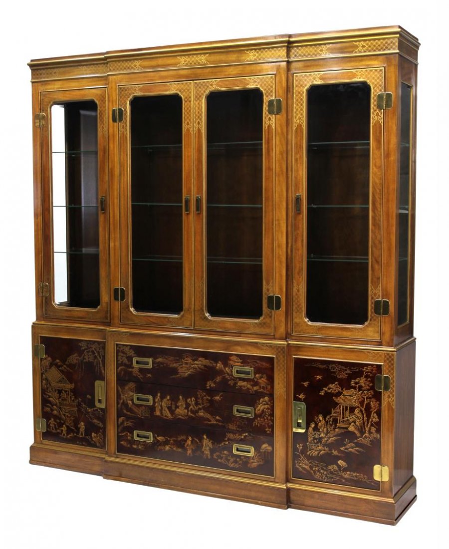 DREXEL HERITAGE ORIENTAL BREAKFRONT CHINA CABINET: Drexel Heritage breakfront china cabinet, the upper cabinet with gild decoration, four beveled glass doors opening to glass shelves with interior lighting, the lower cabinet decorated with figural ori