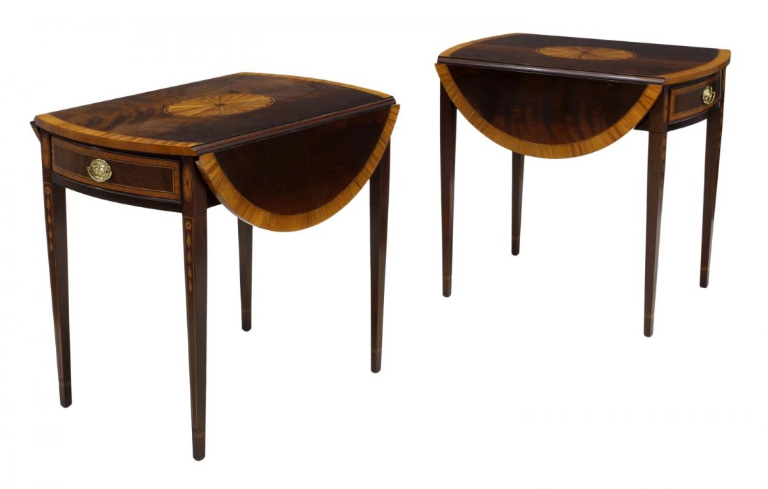 (PAIR) COUNCILL PEMBROKE STYLE DROP SIDE TABLES: (pair) Hepplewhite style pembroke tables by Councill, the rectangular top with patera inlay over a frieze drawer, rising on tapered square legs with bell flower inlay, makers tag in drawer, one with w