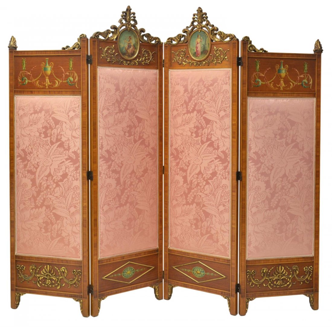 LOUIS XV STYLE GILTWOOD & BROCADE ROOM DIVIDER: Louis XV style folding screen, four brocade upholstered panels enclosed by carved wood frames mounted with giltwood scrolling foliage, each panel with an upper section of painted classical scenes and