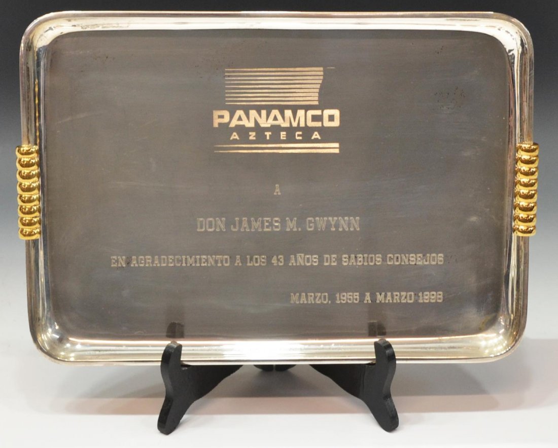 TANE ORFEBRES ENGRAVED 925 STERLING SILVER TRAY: Tane Orfebres 925 sterling silver presentation tray, gilded circular handles on the rectangular form, engraved and personalized to the center, surface wear, marks as pictured, registration ME-32, 14.2