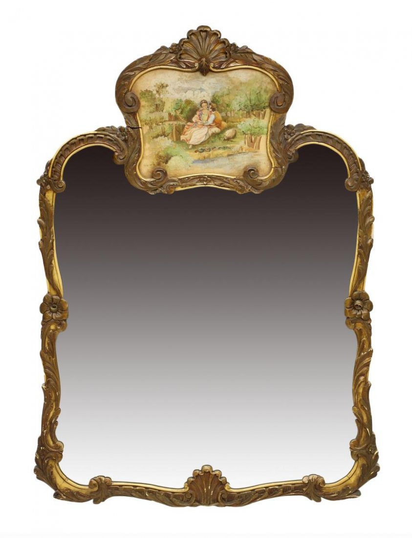 LOUIS XV STYLE TRUMEAU MIRROR: Louis XV style trumeau mirror, 20th c., a shell crest over a painted on pane scene of a courting couple, the plate surrounded by gilt foliate carving, 51"h, 37"w, 1.75"d Start Price: $100.00