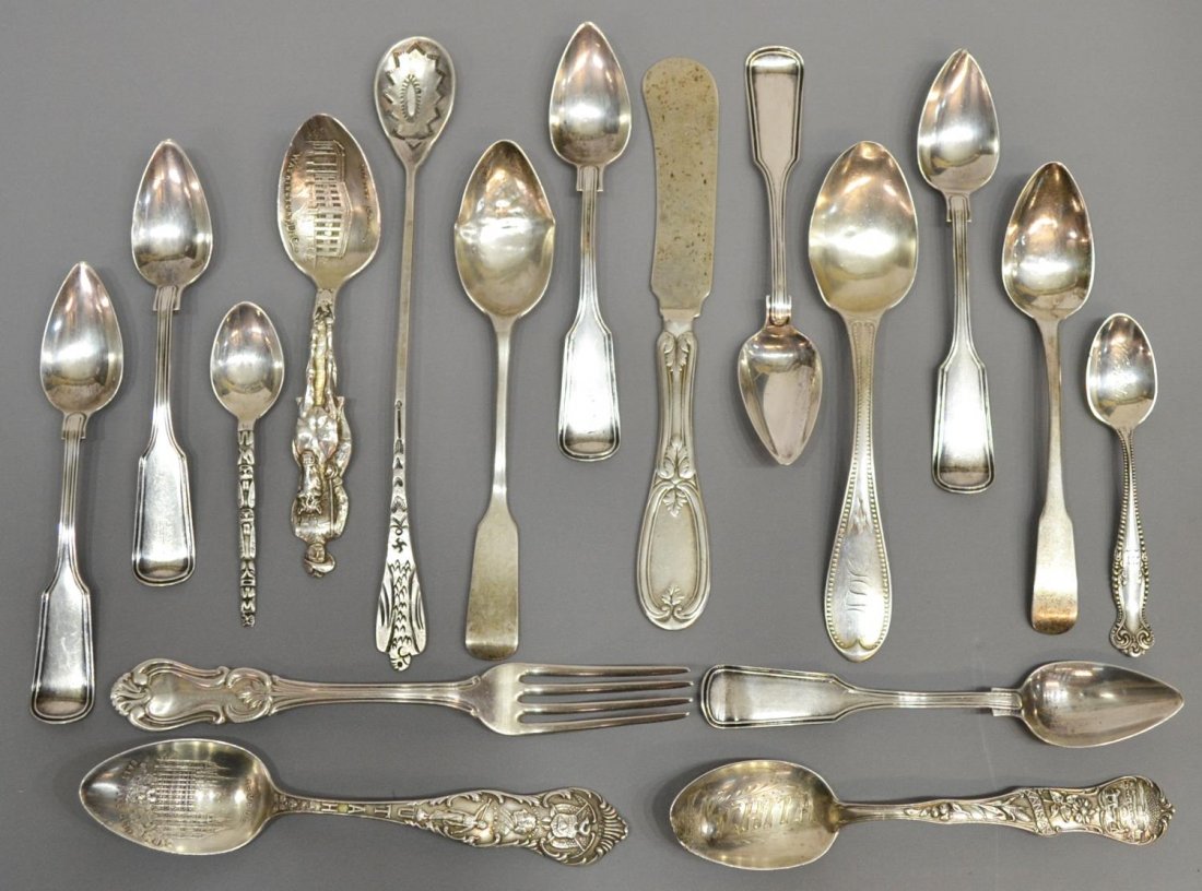 (17) STERLING SILVER COLLECTORS GROUP & FLATWARE: (lot of 17) Sterling silver flatware group, mixed: (6) sterling J. M. van Kempen & Zonen, Netherlands teaspoons, monogrammed, 5"l; (1 ) Edinburg, Scotland spoon, c. 1809, 5.25"l; collectors spoons, va