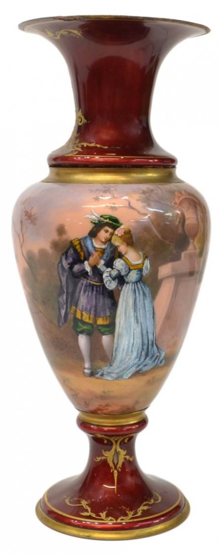 ANTIQUE CONTINENTAL ENAMEL PORCELAIN VASE: Continental enamel porcelain vase of baluster form, hand painted lake scene featuring a courting couple overglaze, gilt enameled accents throughout, artist signed Leroux lower left, decoration on top 
