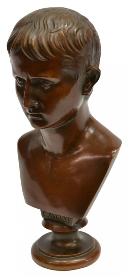 BRONZE BUST, CAESAR AUGUSTUS, AFTER BOSCHETTI: Patinated bronze figural bust, Caesar Augustus, titled lower front C. August, after a work by Benedetto Boschetti (Italian, 1820-1870), 7.5"h, 3.75"w, 2.75"d, 3lbs Start Price: $100.00