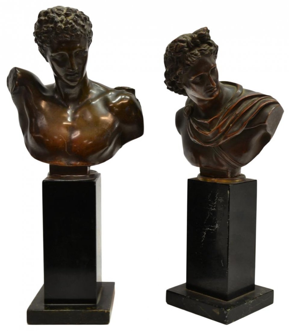 (2) BRONZE BUSTS: HERMES & APOLLO: (lot of 2) Patinated bronze figural busts on marble: (1) Hermes, after a ancient Greek sculpture, overall: 12"h, 6"w, 3.5"d; (1) "Apollo" based upon Roman sculpture c. 200AD, reattached to marble base