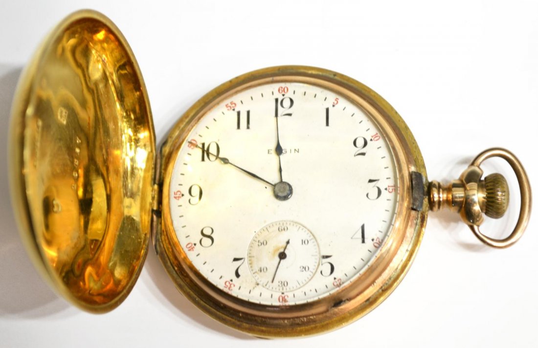 OPERATING ELGIN 18KT GOLD 15 JEWEL POCKET WATCH: Elgin 18kt gold hunter cased pocket watch, the outer case with minimal engraving, interior marked H&BROS with crown over 18, the dust cover with dents engraved "Flora Lee Nance from W.W. Haupt, 1907, 