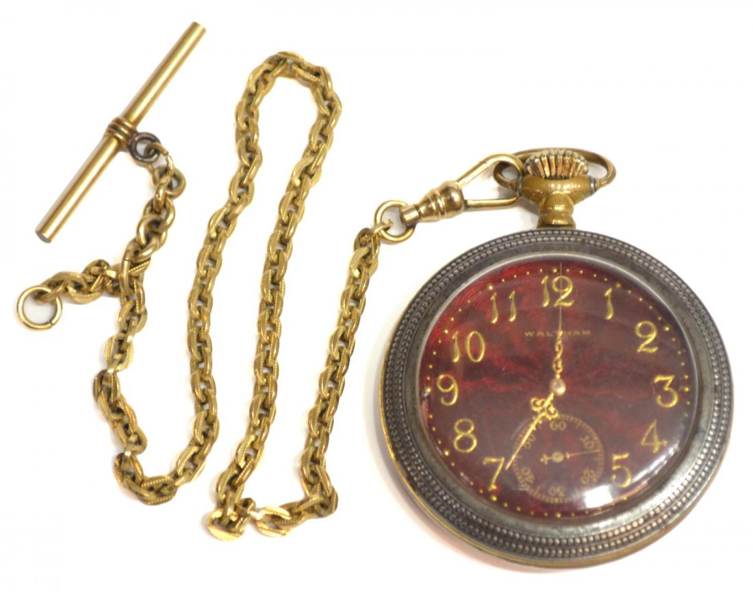 AMERICAN WALTHAM POCKET WATCH: Waltham pocket watch, red face with gold numerals, seconds subdial, "Royal" movement, SN 7735486 (mfg. 1896), operating at this time, with Simmons 12kt gold filled watch fob Start Price: $60.00