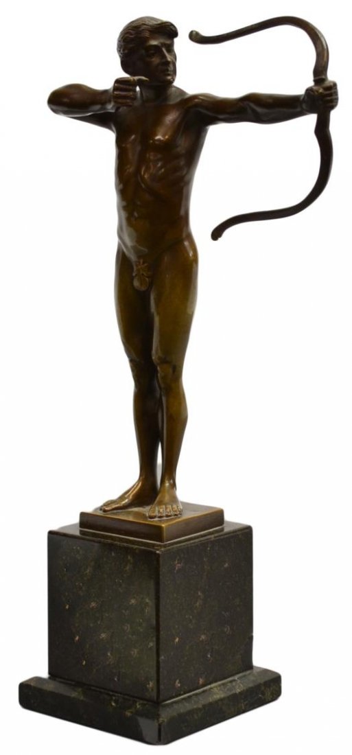 BRONZE SCULPTURE, THE ARCHER, R.W. LANGE: Patinated bronze figural sculpture mounted on a marble base, The Archer, signed at base R.W. Lange (Richard W. Lange, Austrian/German, 19th/20th c.), bronze: 8"h, overall: 11"h, 5"w, 3"d, 3.5lbs Start