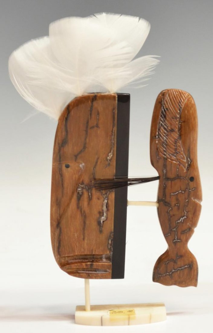 ALASKAN WHALE BALEEN & WALRUS IVORY SCULPTURE: **International Shipping Not Available on Lot" Native American sculpture, "Whale Hunter Shaman", fossilized walrus tusk ivory, baleen, feathers, titled and signed on verso, Jerome Saclamana (Inupiat, 
