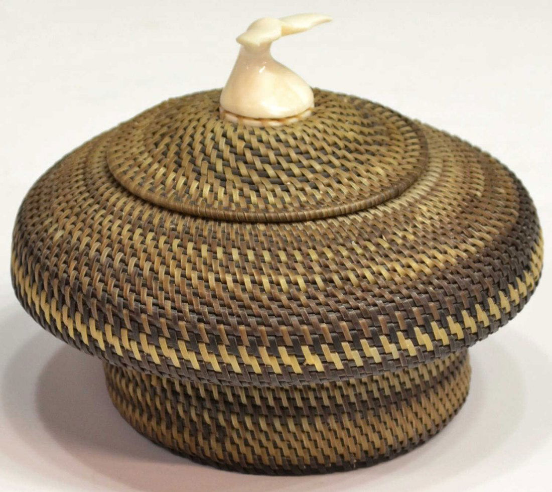 ALASKAN WHALE BALEEN & WALRUS IVORY BASKET, SIGNED