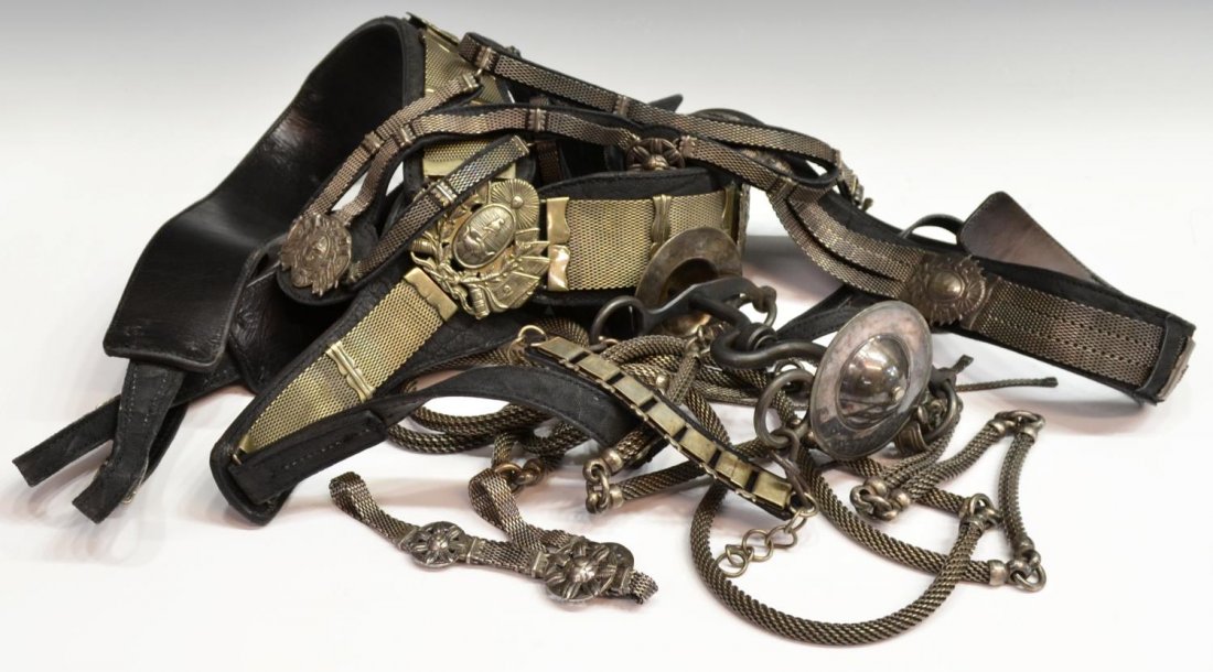 FANCY ARGENTINIAN SHOW HORSE TACK: Argentinian horse tack including breast collar, reins, bit, headstall, noseband, lead halter, and hobble, the leather breast collar with decorative silver plate overlay including the seal of the City 