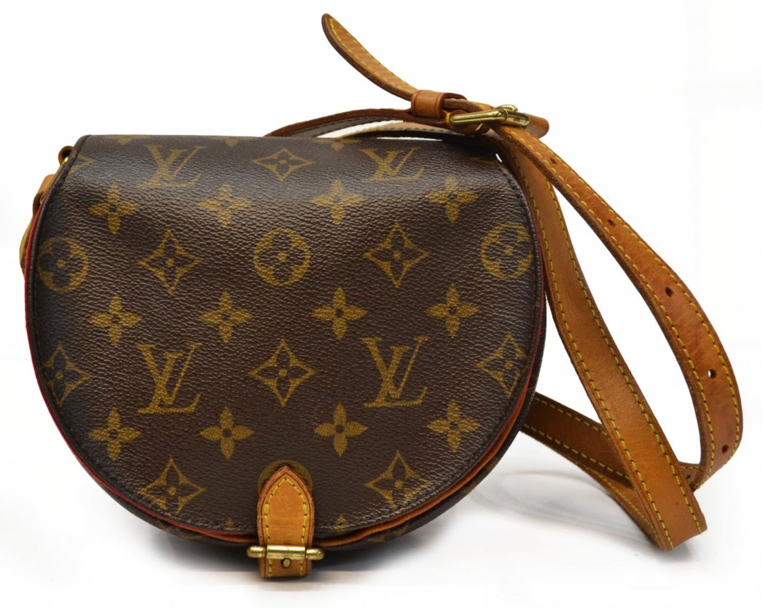 LOUIS VUITTON MONOGRAM CANVAS SHOULDER BAG: Louis Vuitton monogram canvas shoulder bag, red suede leather interior, single pocket, long adjustable strap, interior spotting as pictured, bag: approx 7.25"h, 7.75"w, 3.25"d, .25lb Start Price: $250