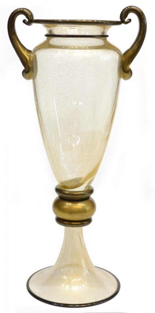 LARGE MURANO ART GLASS VASE, GAMBERO & POGGI: Murano art glass amphora form vase, by Gambero (Mario Gambaro, b. 1941) and Poggi (Bruno Poggi), clear and black glass with gilt flecked accents, acid signed underfoot, 20"h, 9.5"w (including handles)