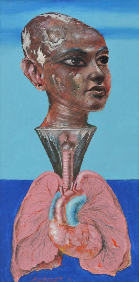 MODERN PAINTING, "KING TUT WITH LUNGS", N ROCKMORE: Framed acrylic tempera on canvas, laid on board, "King Tut with Lungs" I, signed and dated lower left Rockmore '90 (Noel Rockmore, American, 1928-1995), signed, titled, and authenticated verso, sight: