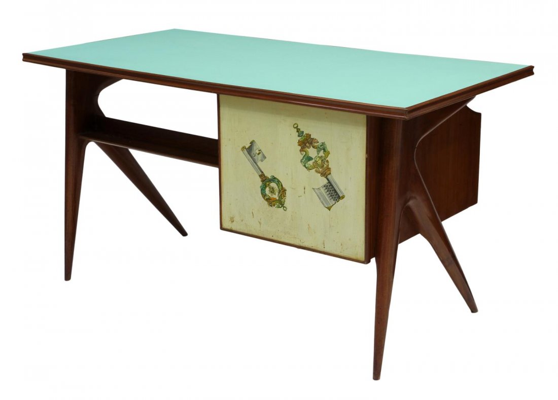 ITALIAN MID-CENTURY MODERN LAMINATE WRITING DESK: Italian mid-century modern Formanova writing desk,. c. 1960, rectangular teakwood with an inset light green color laminate top over three laminate drawers, one with contrasting dark green laminate, th