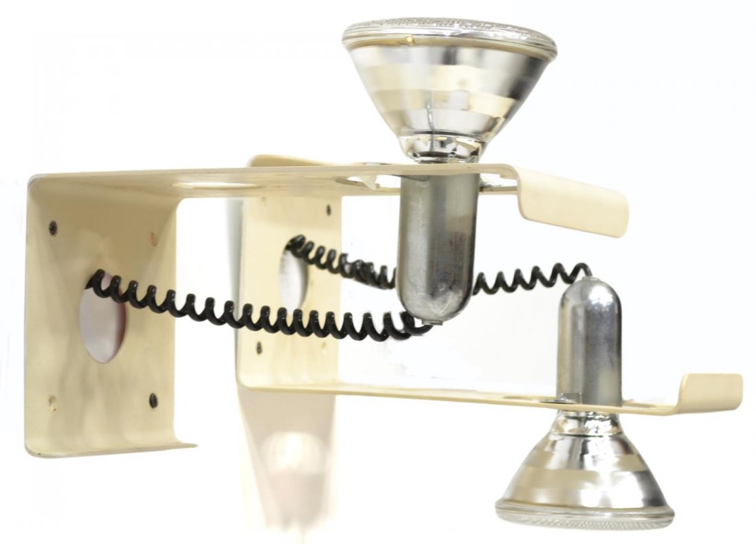 (PAIR) MID-CENTURY MODERN SQUADRA LIGHTS, DIDONE: (pair) Italian mid-century modern wall sconces, 'Squadra', designed by Ezio Didone (b. 1939), c. 1970's, cream metal plate holding a silver light, retaining designer tag, in need of wiring, some surfa