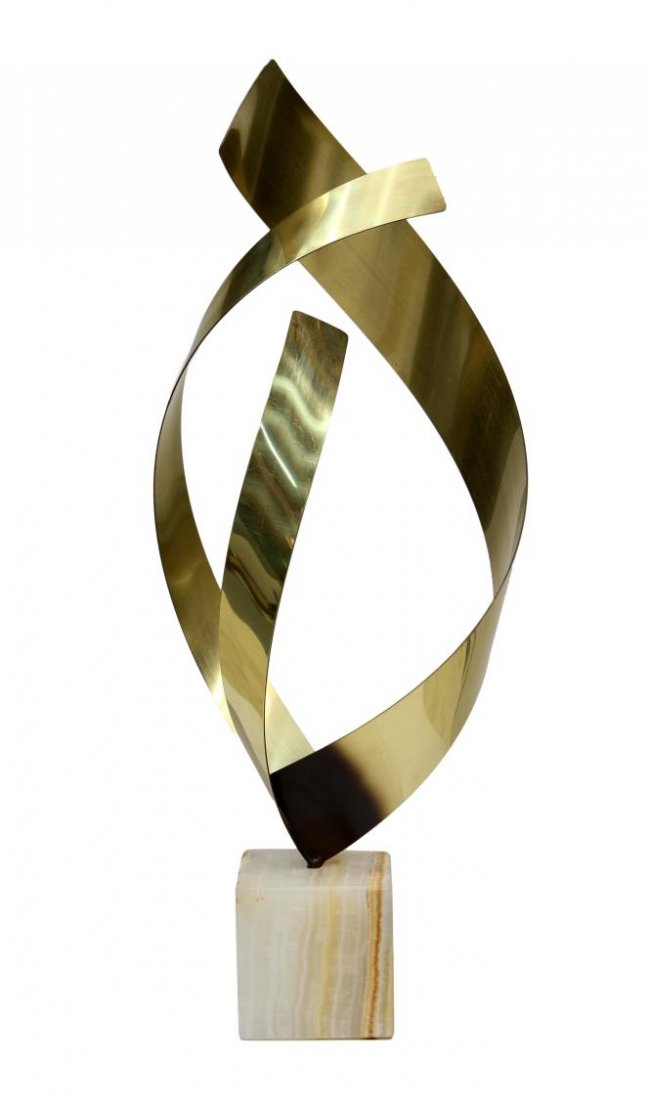 MODERN STEEL SCULPTURE, RIBBONS, CURTIS JERE: Modern gilt steel on marble sculpture, Ribbons, signed, dated C. Jere, 1981 (Curtis Jere, Artisan House, a combination of its' founder names Kurtis Freiler, c.1910-2013 and Jerry Fels 1917-2007), top