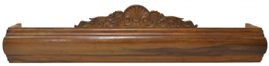 NORTHERN SPAIN ALFONSINO CARVED CURTAIN VALENCE: Northern Spain Alfonsino carved curtain valence, central shell crest flanked by scrolling foliage, 16"h, 71.25"w Start Price: $100.00
