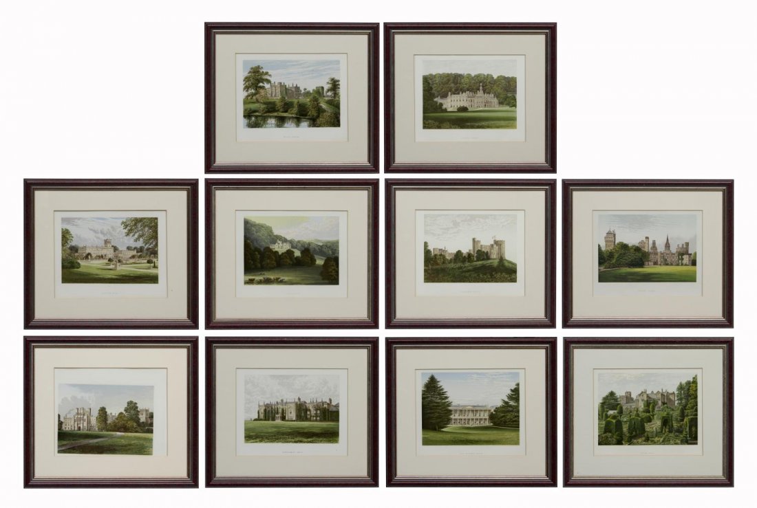 (10)FRAMED PRINTS, HOMES OF NOBLEMEN GREAT BRITAIN: (lot of 10) Framed, matted color plates taken from various volumes of "County Seats of the Noblemen and Gentlemen of Great Britain and Ireland" edited by F.O. Morris, published by William Mackenzie, L