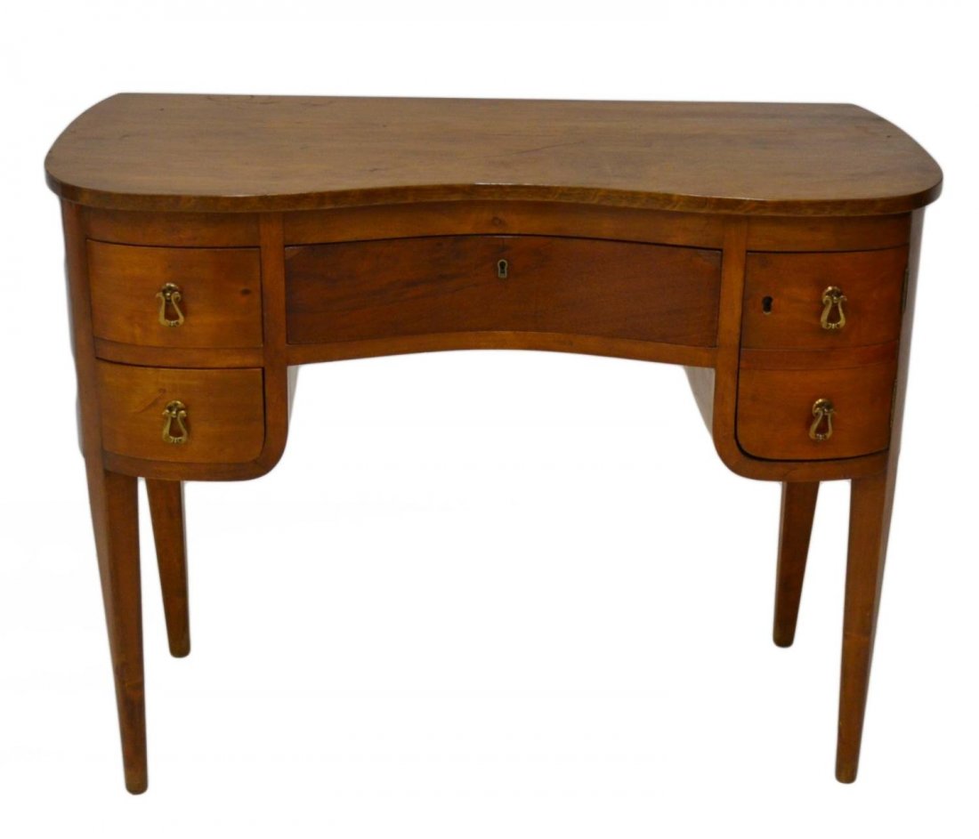 SPANISH KIDNEY-SHAPED WRITING TABLE: Spanish kidney-form writing desk, the shaped top above three drawer and a faux drawer cabinet door, on tapered legs, some splitting, approx 30"h, 38"w, 17.25"d Start Price: $100.00