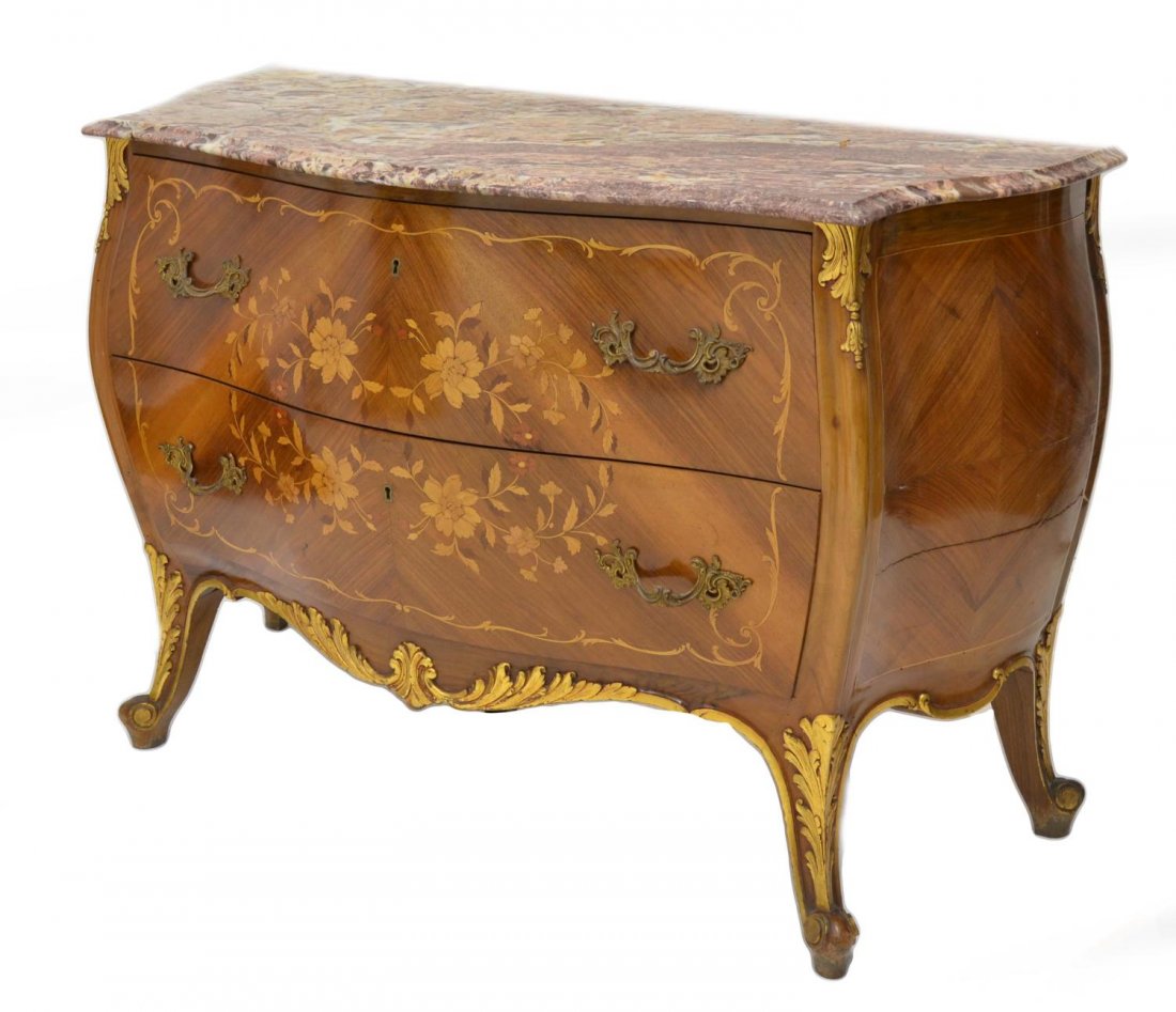 LOUIS XV STYLE MARQUETRY MARBLE TOP COMMODE: Continental Louis XV style parcel gilt marquetry chest of two drawers, Northern Spain, the shaped marble top, above the case inlaid with flowering vines, brightly gilded acanthus carving on skirt and 