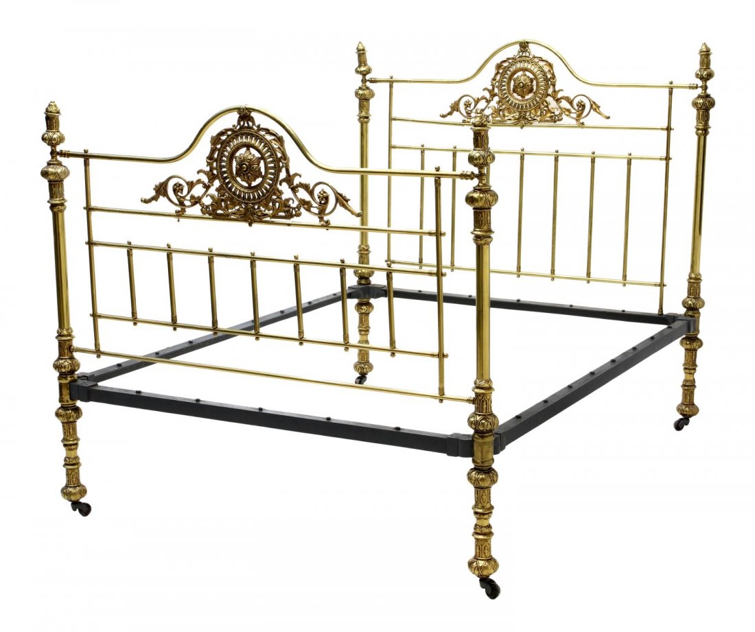 ORNATE BRASS & GILT STEEL SPANISH BED: Ornate brass and gilt steel bed, Northern Spain, 20th c., circular and scrolled medallion center over vertical and horizontal tubes, headboard: 60"h, 61"w, footboard: 54"h, approx. inside: 73.5"l, 63"