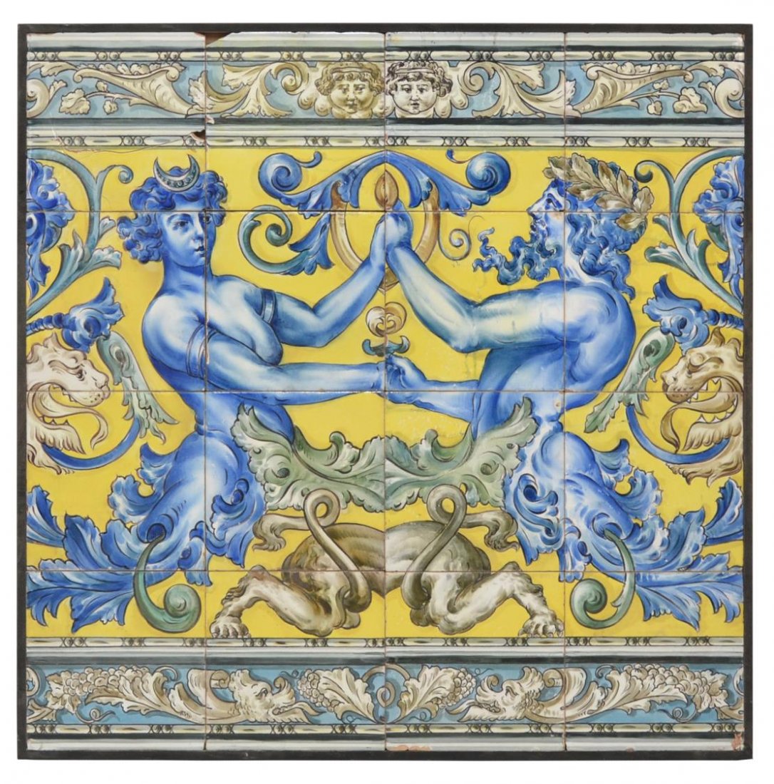 ANTIQUE SPAIN FRAMED TILES, RENAISSANCE MOTIF: Spanish framed tiles assembled in a frame, painted in the Renaissance style with male and female demi- figures, griffins and foliates, intact with some chips as pictured, approx 32.75"h/w, 48.75lbs St