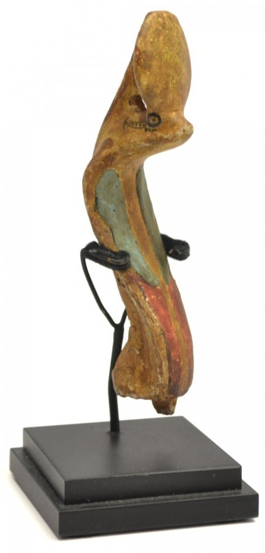 ANCIENT EGYPTIAN URAEUS, COBRA FIGURE HEADPIECE: An Egyptian Uraeus, c. 700-500 B.C.E., a polychrome carved wood depiction of a cobra snake used as a symbol of authority and indicating the goddess Wadjet's protection, serpentine in form with a "sola
