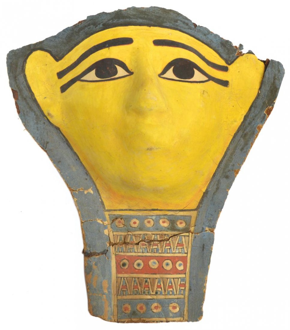ANCIENT EGYPTIAN FUNERARY MASK, CIRCA 100 B.C.E.: Egyptian polychrome cartonnage mask, late Ptolemaic Period, 1st c. B.C.E., a funerary mask made with layers of linen covered with gesso, finished with faded blue paint outlining, the face color in yel
