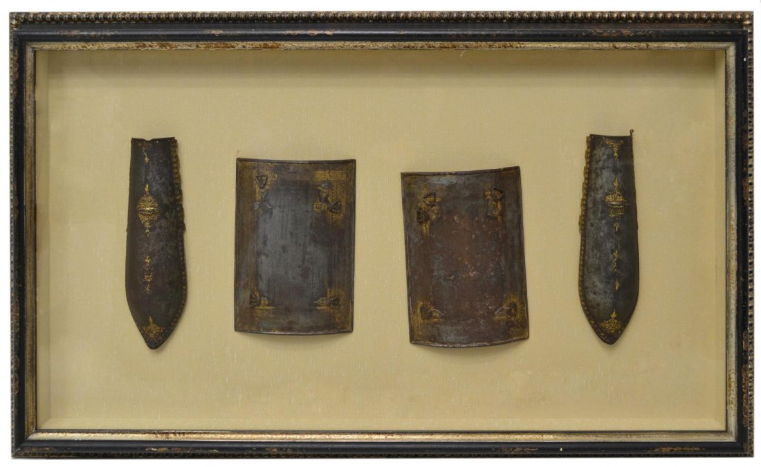 SHADOW BOX FRAMED INDO-PERSIAN ANTIQUE ARMOR: Indo-Persian 18/19th c. armor displayed in a custom shadow box comprising two arm guards, rectangular breast and back plates, original cloth backings in plastic sleeves on verso, box: 28"h, 46"l, 3.25