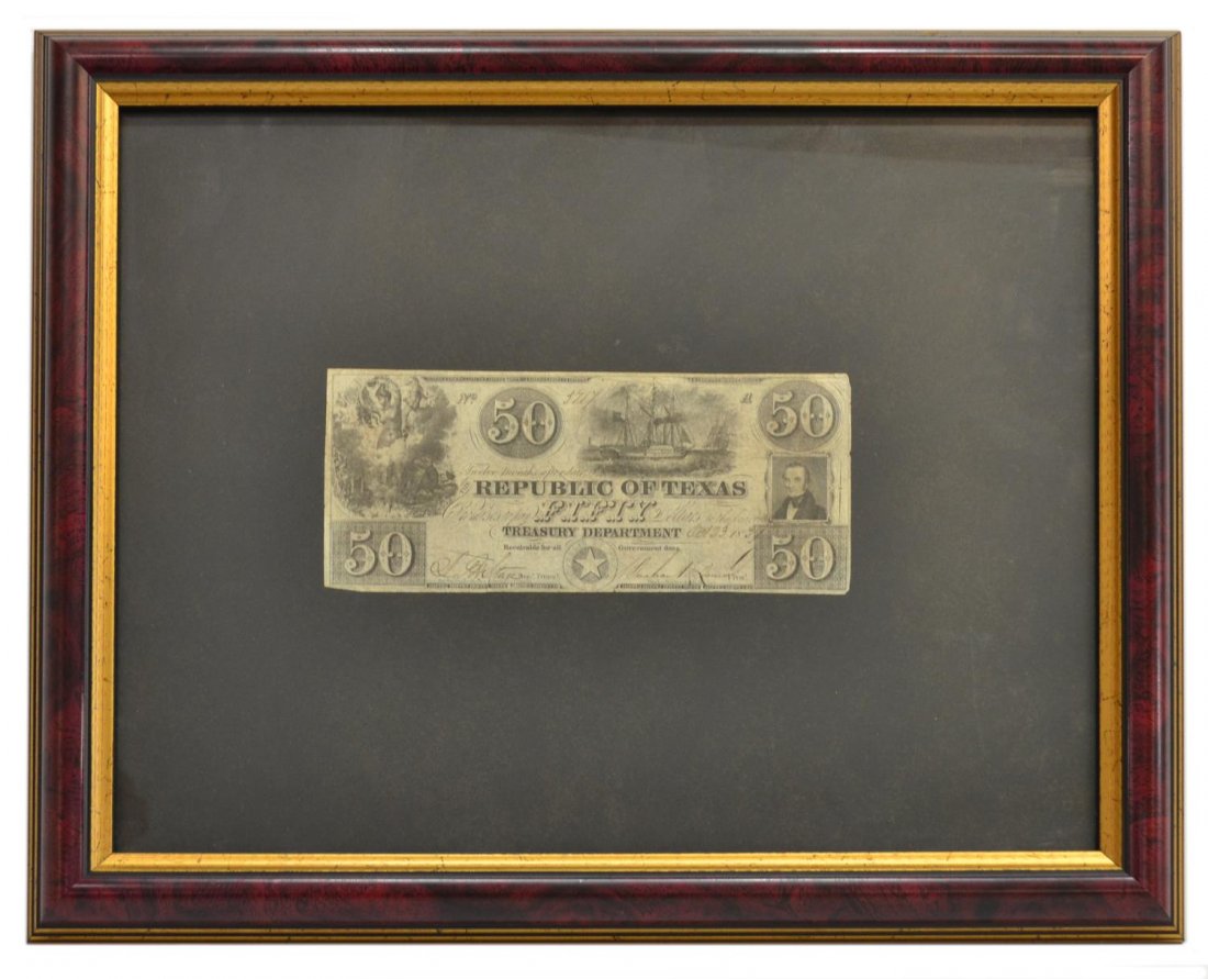 REPUBLIC OF TEXAS $50 DOLLAR CURRENCY, 1839: Framed Republic of Texas currency, a $50 dollar note dated October 23, 1839, note number 5177, hand signed by Mirabeau B. Lamar, President (1798-1859), James H. Starr, Secretary of Treasury (1809-1890