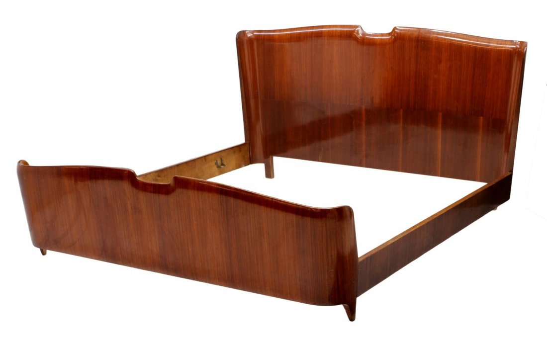 ITALIAN MID-CENTURY MODERN BED, PAOLO BUFFA: Italian mid-century modern mahogany bed, design by Paolo Buffa (Italian, 1903-1970), a shaped wing back headboard: 40.5"h, 74.25"w, with footboard: 22.5"h, 74.25"w, approx. inside: 72"l, 68"w Start Pr