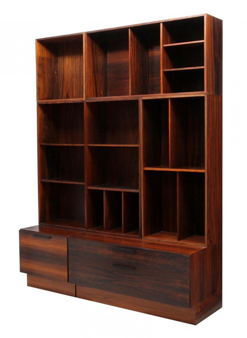 DANISH MID-CENTURY MODERN ROSEWOOD WALL UNIT: Danish mid-century modern modular rosewood wall unit, retaining tag for I/S Faarup Møbelfabrik, assorted shelving units form the upper section, the base fitted with assorted drawers, two fitted with 