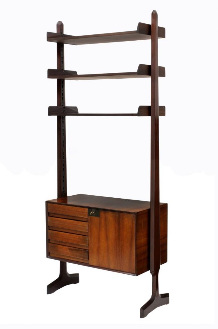 VITTORIO DASSI MID-CENTURY FREE STANDING BOOK CASE: Italian mid-century free standing book case, design by Vittorio Dassi (Milan, 1893-1973), adjustable open shelves over four drawers and a door, revealing shelved storage, retaining key, surface wear t