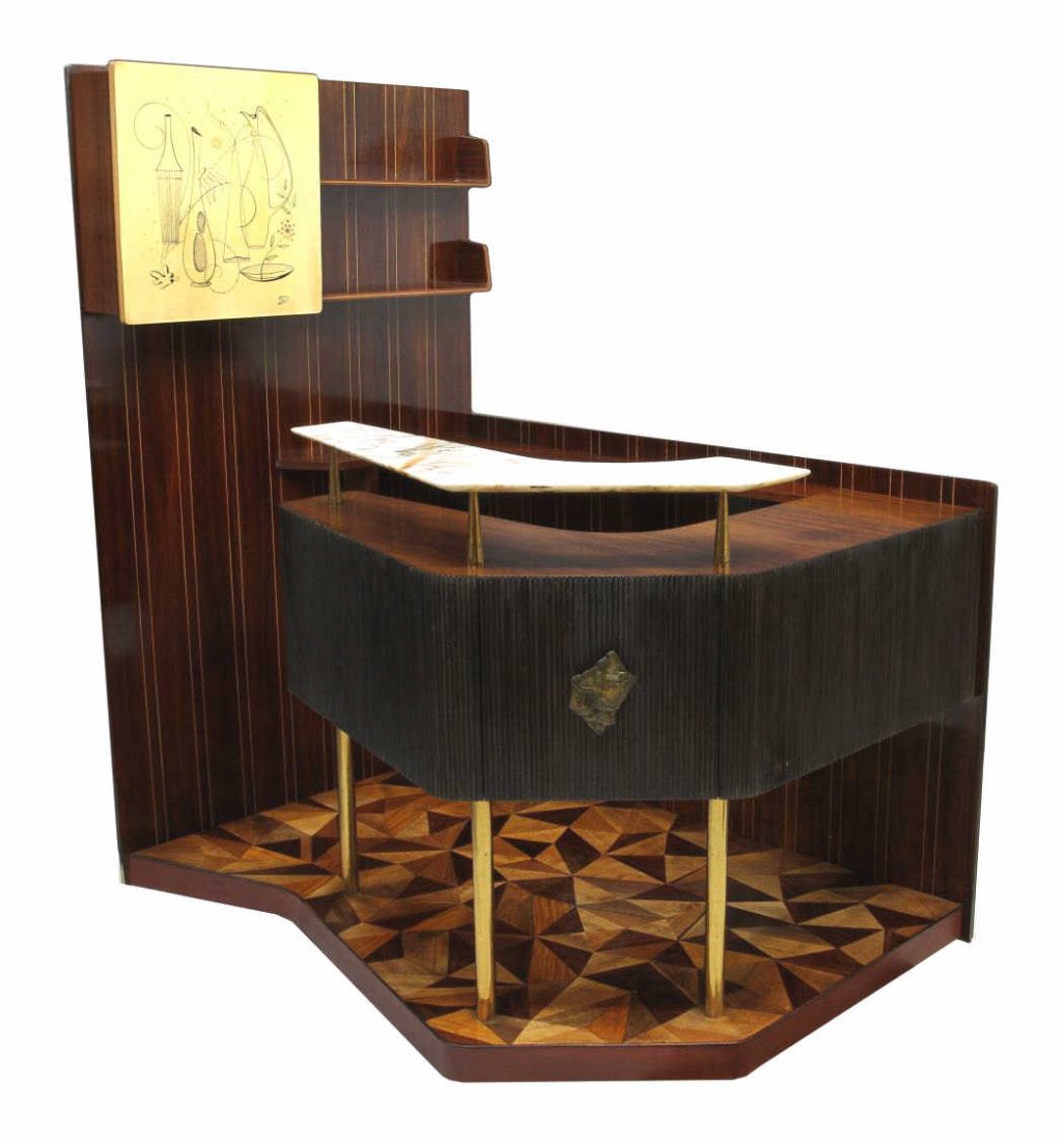 ITALIAN MID-CENTURY MODERN WALK IN HOME BAR: Italian mid-century modern bar, design by Vittorio Dassi (Milan, 1893-1973) for Artigiani Del Mobile, Cantu, a walk in home bar, mostly of rosewood, c. 1960, at one side a vertical wall with shelves a