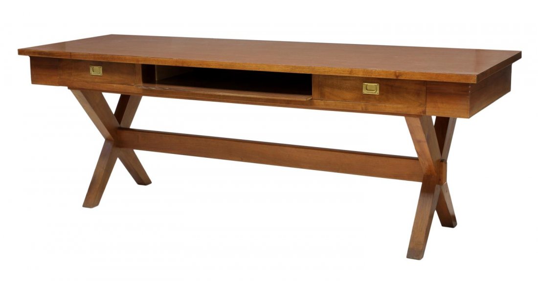 LARGE ITALIAN MID-CENTURY WRITING DESK, GIO PONTI: Large Italian mid-century teakwood writing desk, design attributed to Gio Ponti (Italian, 1891-1979), rectangular laminate top over an open shelf flanked by two drawers, the x-form supports joined by