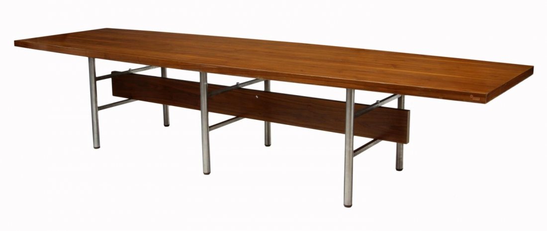 ITALIAN MID-CENTURY MODERN CONFERENCE WORK TABLE: Italian mid-century modern conference or work table, by Mobiltecnica, c.1960, wood top with six aluminum supports, 30.5"h, 145.75"l, 43.75"d Start Price: $800.00