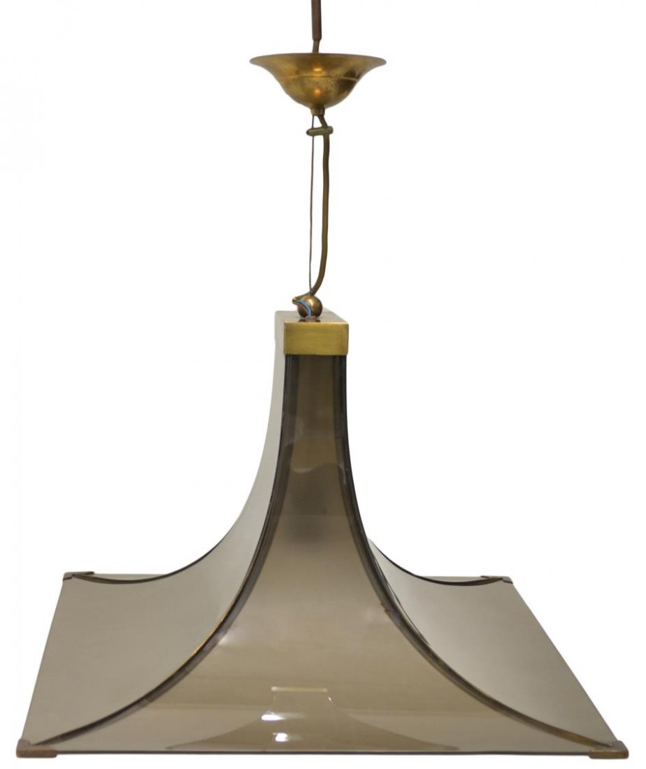 ITALIAN MID-CENTURY CEILING LIGHT, FONTANA ARTE: Italian mid-century modern hanging lamp, c. 1960, design attributed to Fontana Arte, four smokey glass panels enclosing three lights, brass caps at edges, 13"h, 27.5"w, 20"d Start Price: $300.00