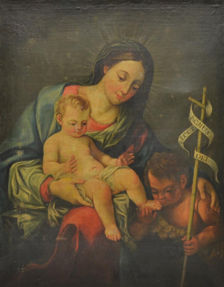 ANTIQUE RELIGIOUS PAINTING, MARY & CHRIST CHILD: Framed painting on canvas, Mary with the Christ Child and the Infant St. John the Baptist, 19th c., unsigned in the style of Raphael (Raffaello Sanzio da Urbino, Italian, 1483-1520), sight: 39"h, 30"w