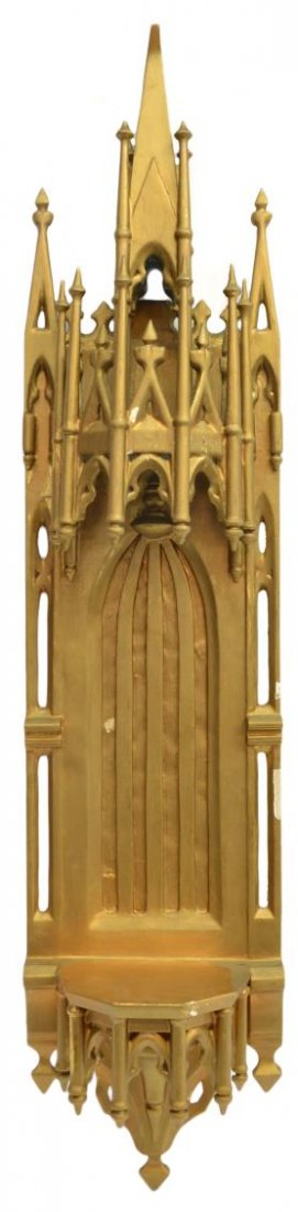 ANTIQUE SPAIN RELIGIOUS HANGING DISPLAY NICHE: Antique religious giltwood hanging altar nicho, Spain, carved in the Gothic taste, the spire surmounting a steeple with profusely pierced and detailed decoration, some gilt loss, overall with loss due