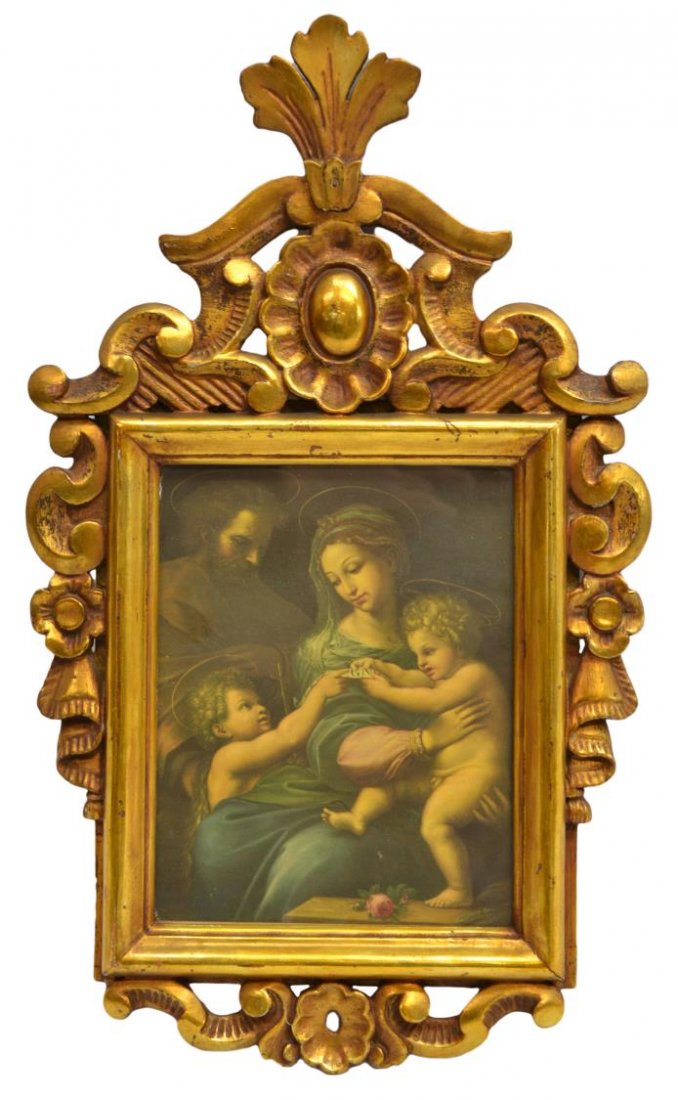 ANTIQUE GILTWOOD FRAME, MADONNA & CHRIST CHILD: Spanish carved giltwood frame enclosing a religious print, Madonna with the Christ Child and St John the Baptist, the frame having foliated crest with scrolled detail, sight: 9.25"h, 7.25"w, overall: 