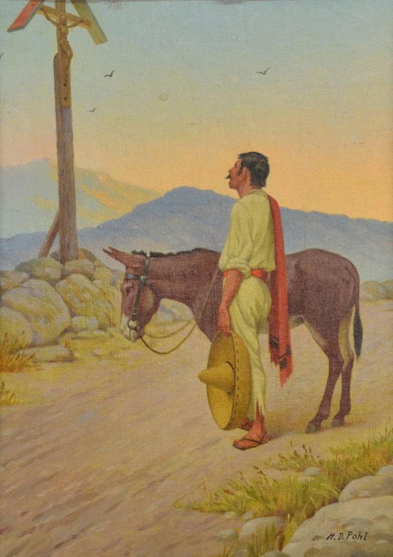 PAINTING, "THE WAYSIDE CROSS", H.D. POHL 1878-1960: Framed painting on canvas panel, "The Wayside Cross", signed lower right H.D. Pohl (Hugo David Pohl, Texas, 1878-1960), titled and signed on verso, sight: 13.25"h, 9.5"w, overall: 19.5"h, 16"w, 2.25lb