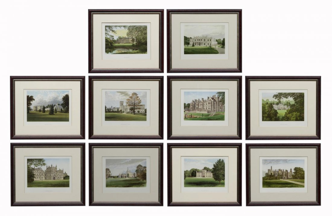 (10)FRAMED PRINTS, HOMES OF NOBLEMEN GREAT BRITAIN: (lot of 10) Framed, matted color plates taken from various volumes of "County Seats of the Noblemen and Gentlemen of Great Britain and Ireland" edited by F.O. Morris, published by William Mackenzie, L