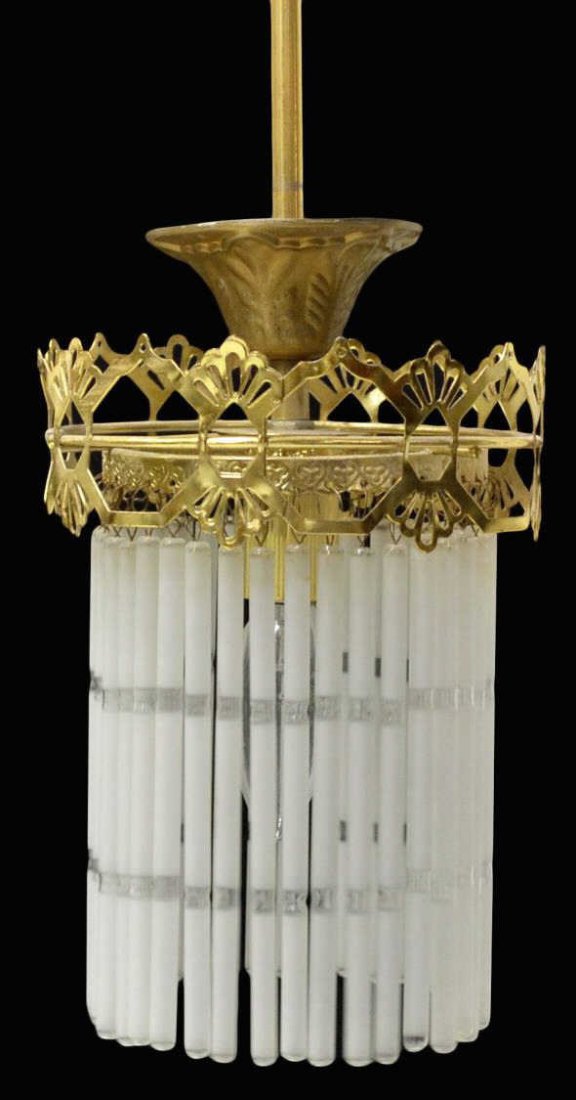 DIMINUTIVE SPAIN GILT & GLASS STRAW HALL LAMP: Diminutive Spanish single-light hanging lamp, pierced gilt metal frame hung with glass straws, in need of wiring, some lacking, approx overall: 18"l Start Price: $100.00
