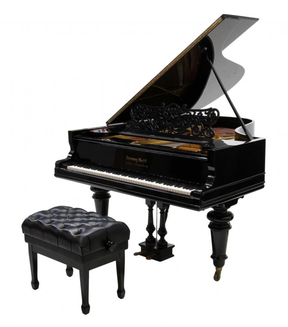 STEINWEG NACHF GROTRIAN BLACK LACQUER PIANO: (lot of 2) Steinweg Nachf Grotrian Braunschweig black lacquer Cabinet piano, 88 keys, 58.75"w, 74"l, together with (1) button fabric adjustable height black lacquer piano bench, 21.5"h, 30"w, 16"d Sta
