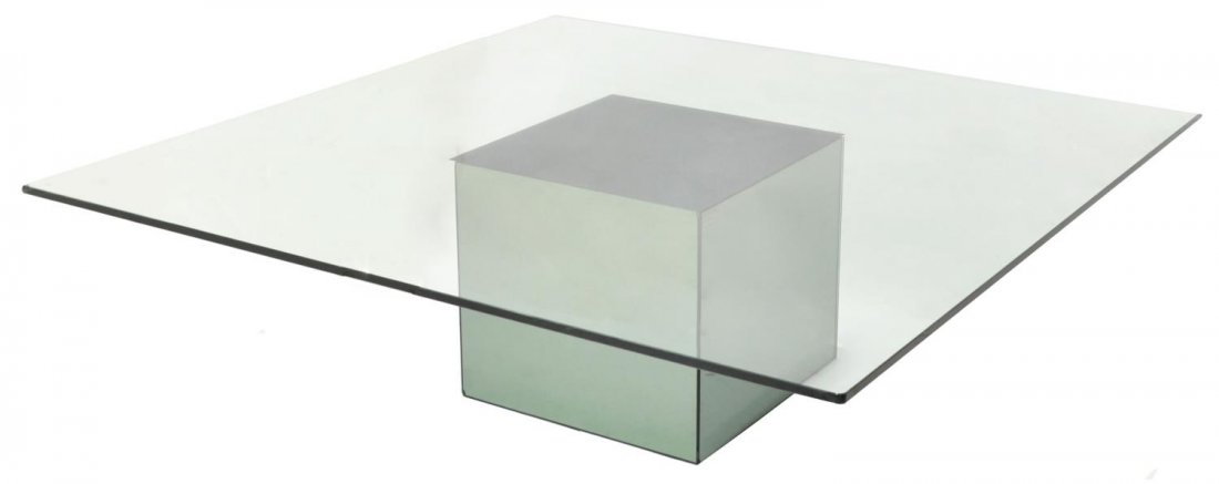 ITALIAN MODERN COFFEE TABLE, NANDO VIGO FOR DRIADE: Italian modern coffee table, design by Nando Vigo (20th c.) for Driade, the square glass top on a mirrored block base, 15.5"h, 47"w, 47"d Start Price: $300.00