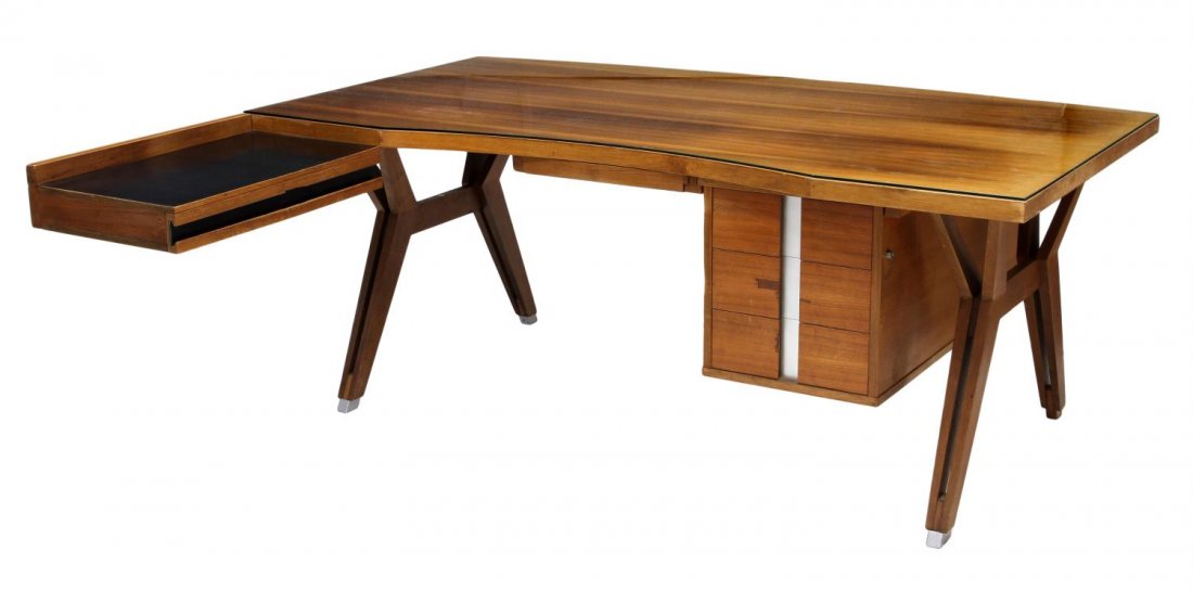 ITALIAN MID-CENTURY MODERN TERNI DESK, ICO PARISI: Italian mid-century modern 'Terni' writing desk, c. 1960, design by Ico Parisi (Italian, 1916-1996) for MIM (Mobili Italiani Moderni), the glass top over four drawers, extended side with two additiona