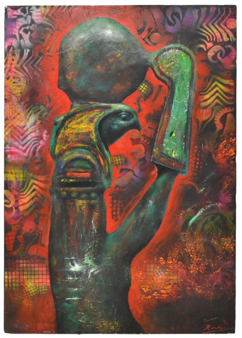 ACRYLIC ON STEEL PAINTING, "THE GOD RA", ROCKMORE: Unframed modern acrylic on steel painting, "The God 'RA' ", signed and dated lower right Rockmore '90 (Noel Rockmore, American, 1928-1995), signed, titled, and dated verso, 51"h, 36"w, 27.75lbs Start 