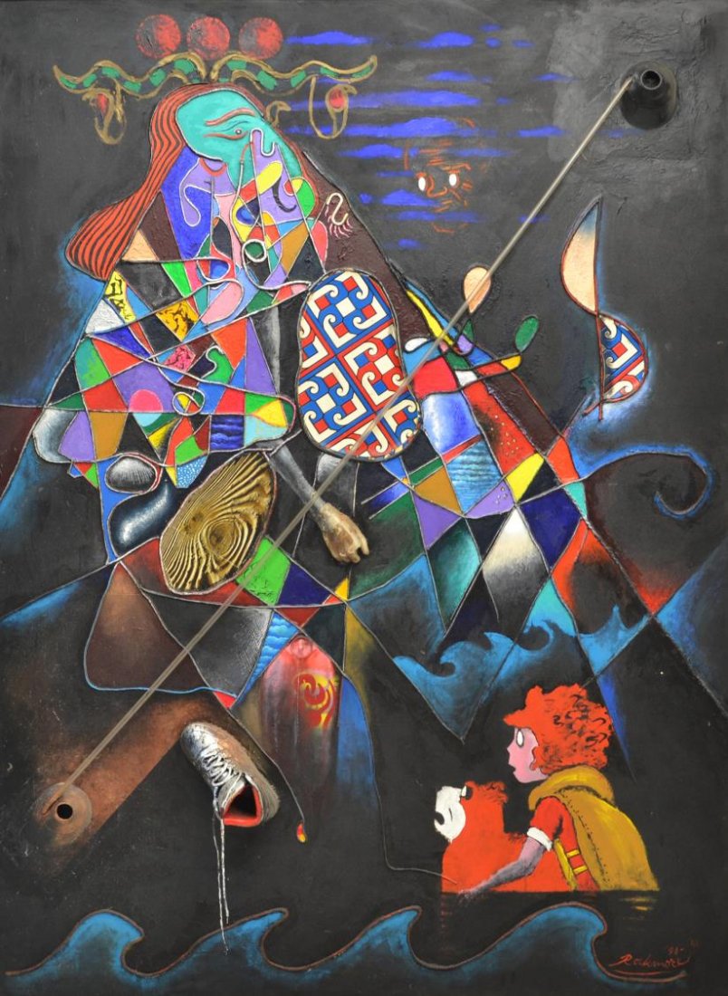 MODERN MIXED MEDIA PAINTING, NOEL ROCKMORE: Framed modern mixed media painting on canvas, "Little Orphan Annie, Shipwrecked, Finds the Pharaoh" II, signed and dated lower right Rockmore 90'-91' (Noel Rockmore, American, 1928-1995), signed, titl
